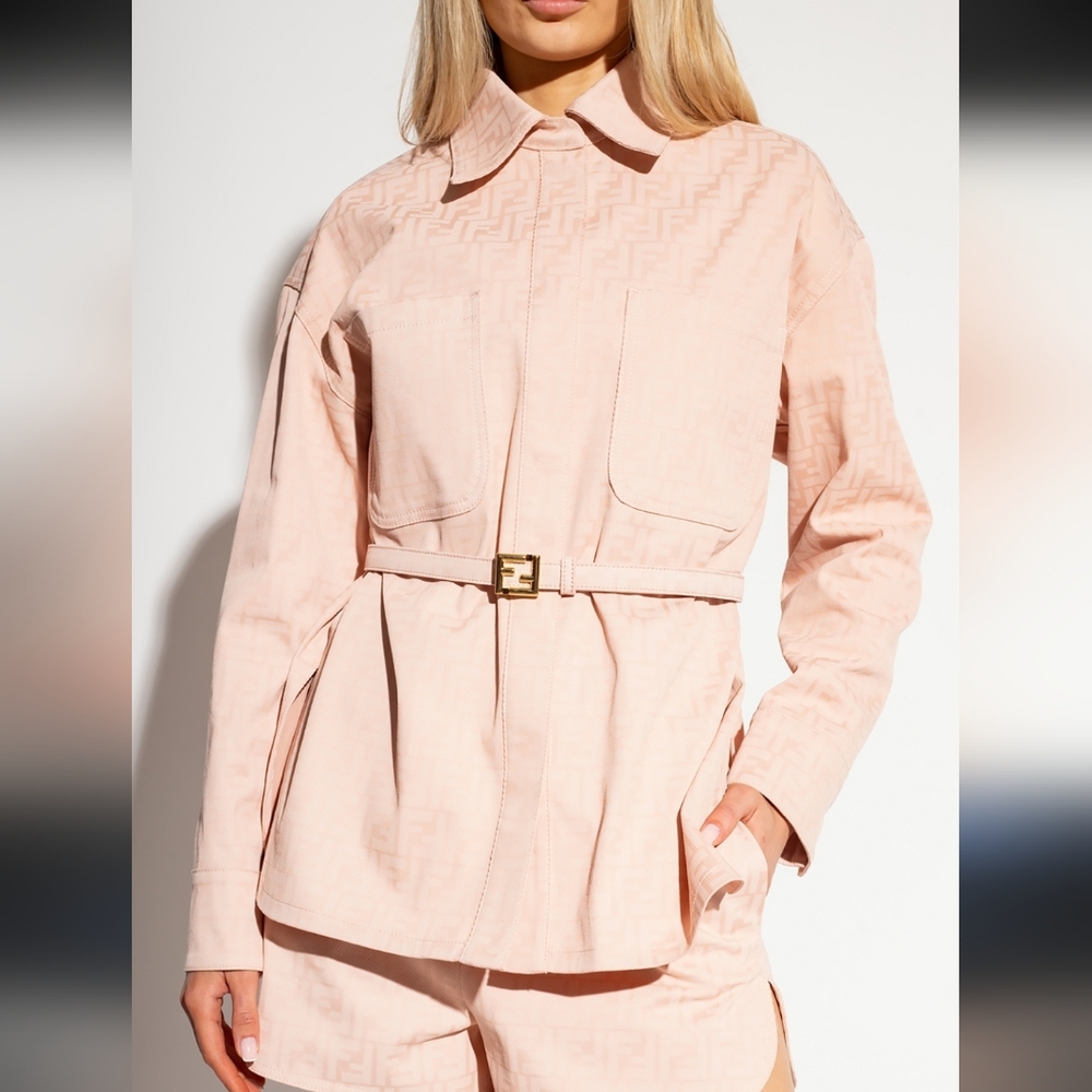 Fendi Light Pink Denim Zucca Print Jacket Button Luxury Item with Belt
